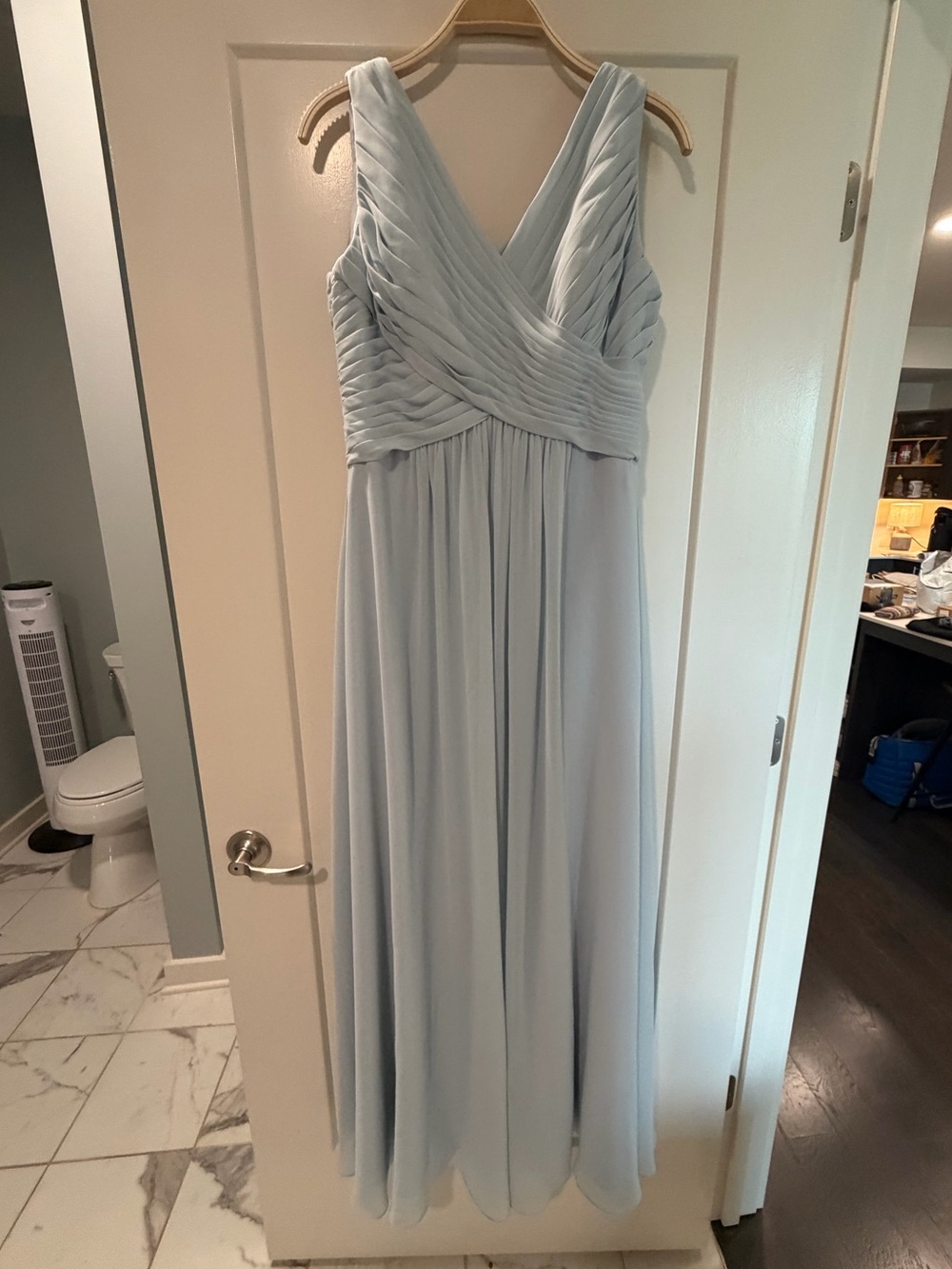 Azazie Mist A-Line Pale Blue Pleated V-Neck Chiffon Maxi Bridesmaid Dress